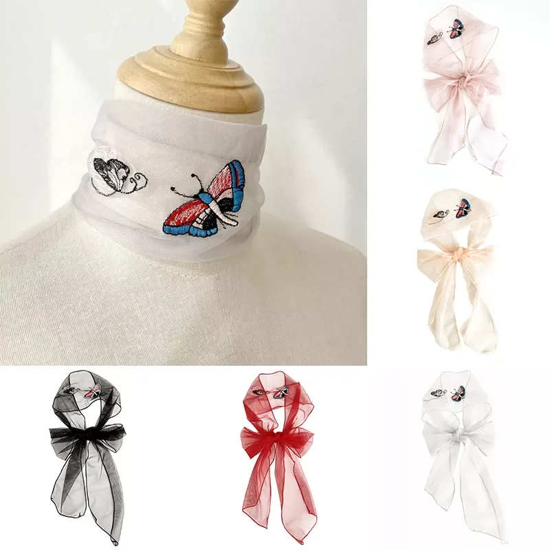 

Женский Летний Тонкий шарф с вышивкой и бабочкой защита шеи длинный шелковый шарф универсальный модный газовый шарф в Корейском стиле