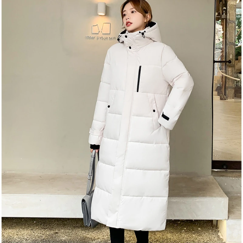 Down Padded Coat Women's Winter Korean Version Solid Color Warm Bread Coat Slim Fit Long Over-the-Knee Hooded Padded Jacket