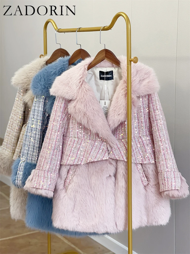 ZADORIN New Korean Style Sequin Mid Long Pink Blue Faux Fox Fur Coat Women Lapel Loose Warm Fluffy Winter Jacket Women Fur Coats