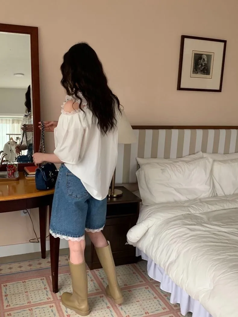 ZHISILAO новые кружевные лоскутные джинсы до колен женские летние винтажные прямые