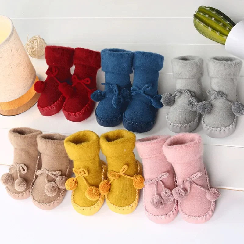 

Baby Shoes with Soft Sole Plus Velvet Nonslip Floor Socks Bowknot Pompom Toddler Thick Warm First Walkers Waterproof Ankle Boots