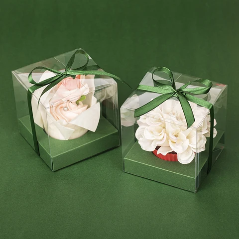 50 шт., прозрачные ПВХ коробки для кексов с подставкой и лентой для свадебных сувениров (классическая серия)