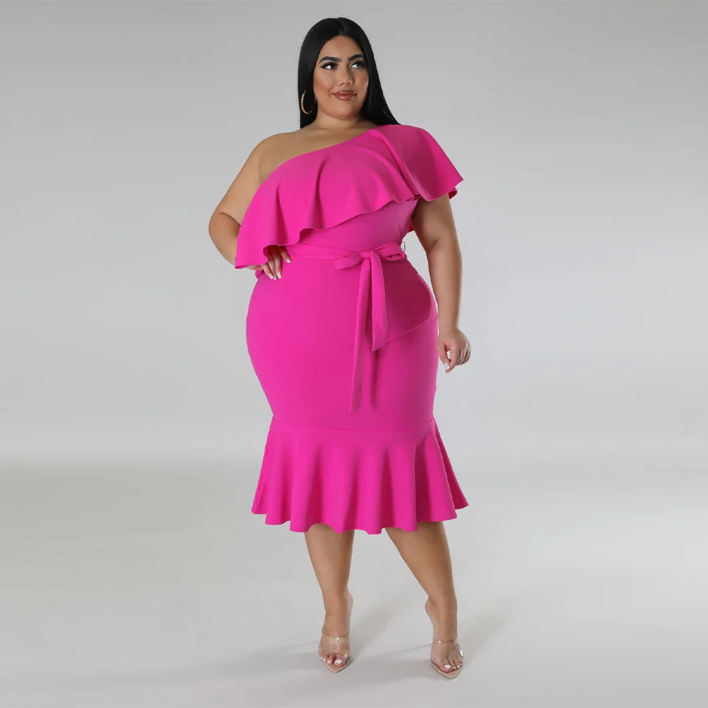 Summer Plus Size Women's Sexy One Shoulder Fashion Slim Fit Casual Ruffle Bra Temperament Medium Dress Women's Elegant Dress