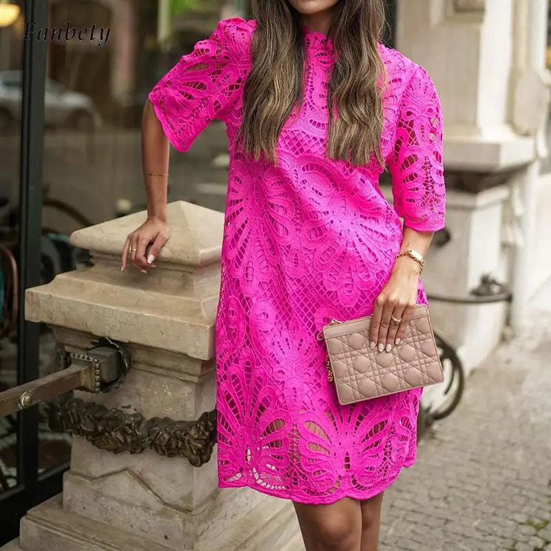 

Elegant Embroidery Hollow Out A-Line Dress Women Fashion Petal Collar Half Sleeve Party Dress 2022 Casual Loose Solid Mini Dress