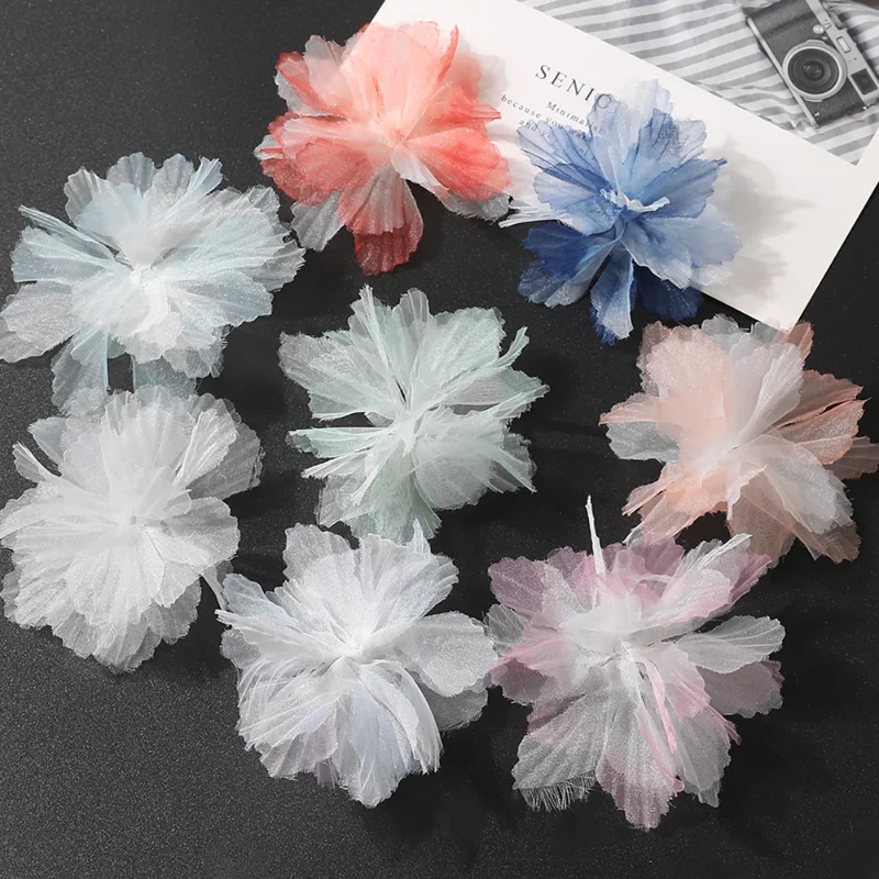 3D Flower Organza Lace Patches Applique For Bridal Wedding Dress Gradient Lace Trim Sewing Accessories Decoration Patches 10Pcs