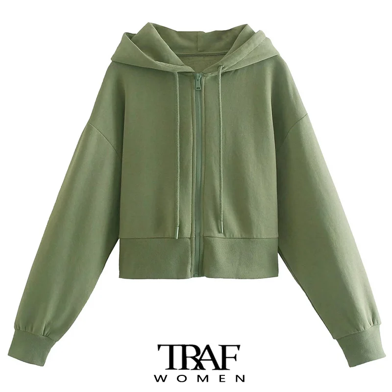 

TRAF Women Fashion Loose Zip-up Fleece Hoodies Vintage Long Sleeve Hooded Female Pullovers Chic Tops