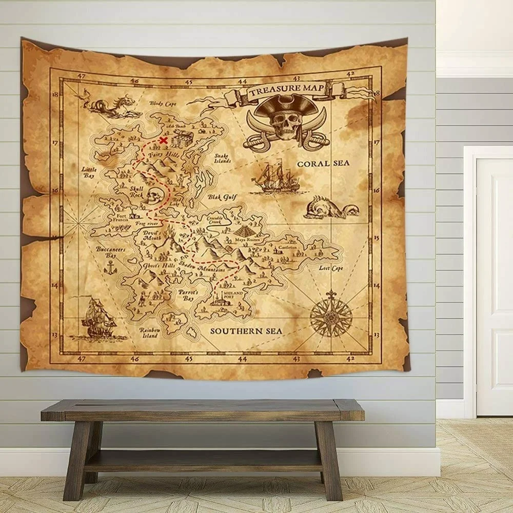 

Treasure Map Tapestry Wall Hanging Pirates Sea History Theme Island Bedroom Aesthetic Art Decoration Room Decor Home Tapiz Pared