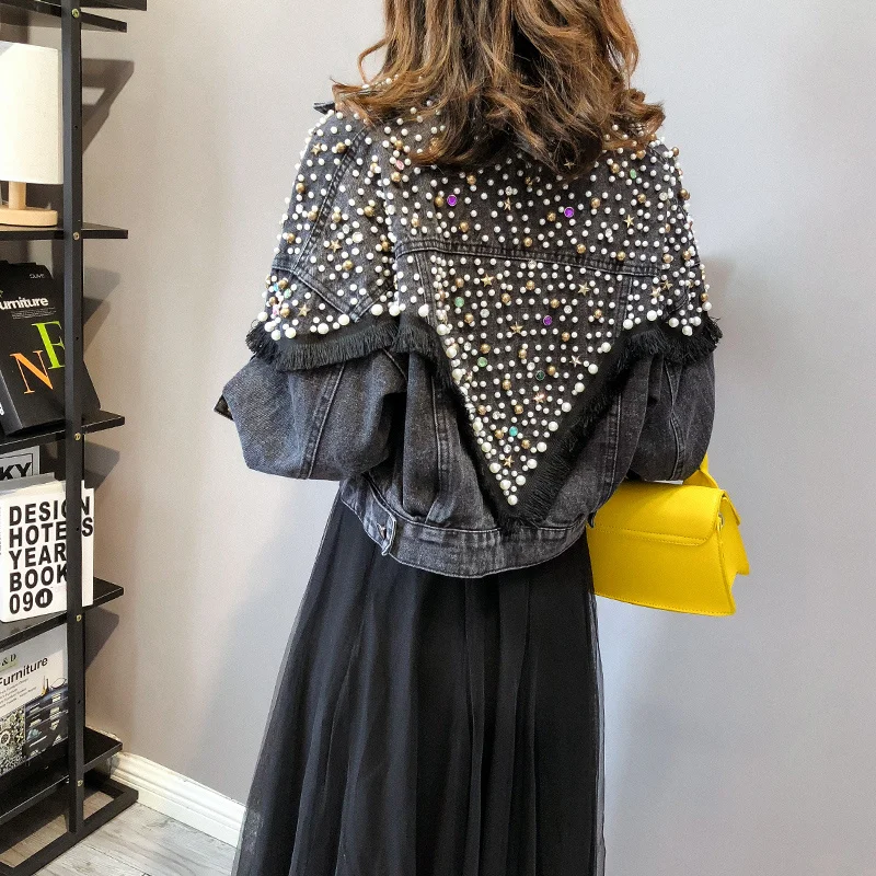 

2023 Chaquetas Mujer Autumn Streetwear Denim Jacket Women Hand-studded Pearls Punk Tassel Veste Femme Loose Short
