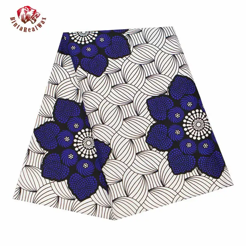 BintaRealWax Ankara Fabric Whtie background Africa Polyester Material Print Blue Flower African Fabrics for Dress FP6343 A-2