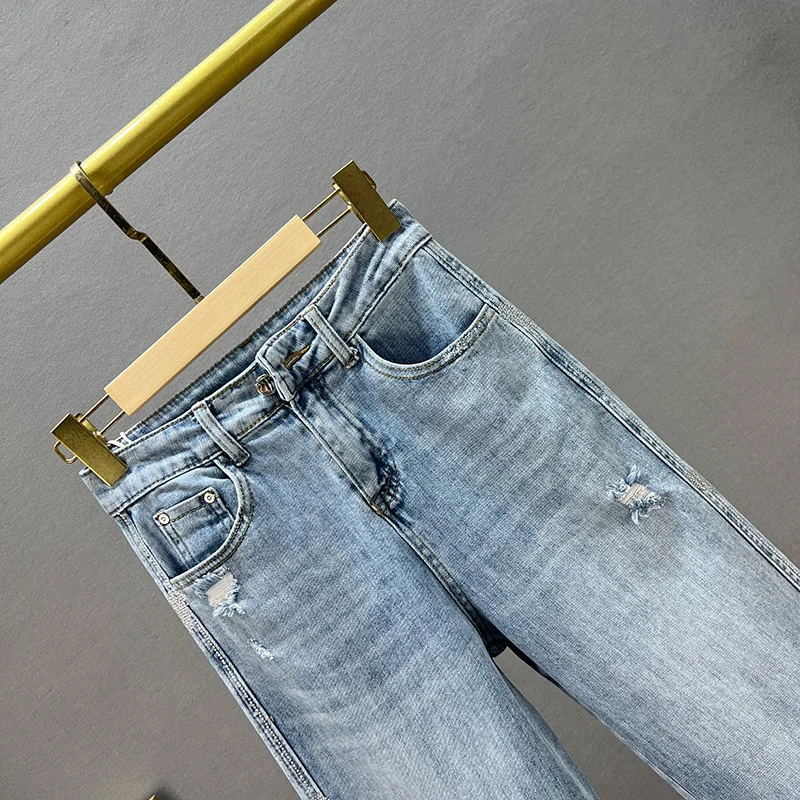 Women's Wide-Leg Jeans 2022 New Spring High Waist Loose Hot Rhinestone Mop Pants Office Lady Denim Trousers Girls Jean Pants