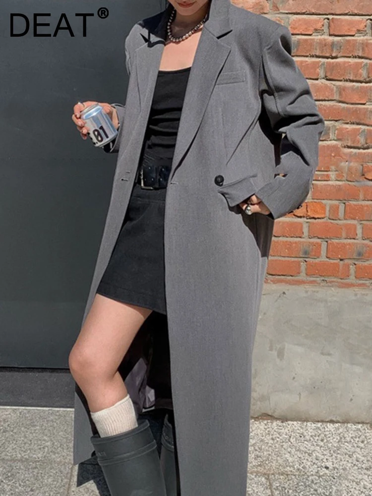 

DEAT Fashion Women's Trench Coat Notched Collar Long Sleeves Loose Double Breasted Pockets Windbreaker Autumn 2023 New 7AB751