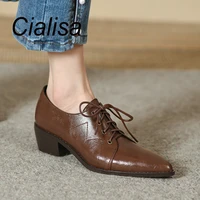 cialisa french retro brown genuine leather shoes lady pointed toe lace up female pumps square mid heels footwear autumn size 43
