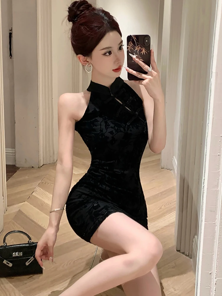 Черное жаккардовое шикарное соблазнительное Клубное платье с воротником