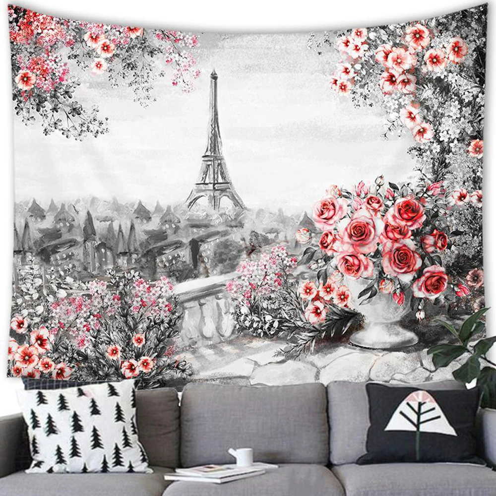 

Oil Painting Eiffel Tower Tapestry European Paris City Pink Romantic Scenery Tapestries Bedroom Living Room Decor Wall Hanging