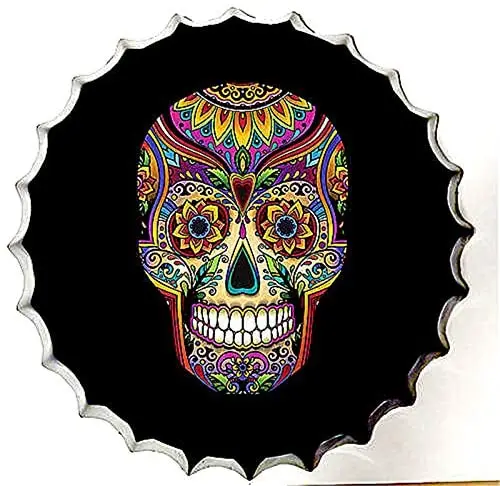 

Retro Sign Cartoon Skull Bottle Caps Retro Metal Tin Sign Diameter 13.8 Inches - Handcrafts Home Decor Bar Plaque Lounge