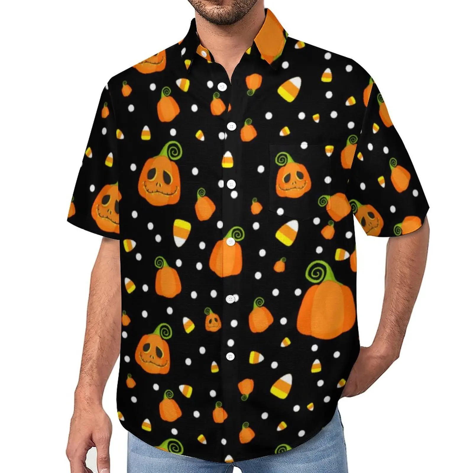 

Fun Halloween Casual Shirts Whimsical Pumpkins Print Vacation Shirt Hawaii Retro Blouses Mens Print Plus Size