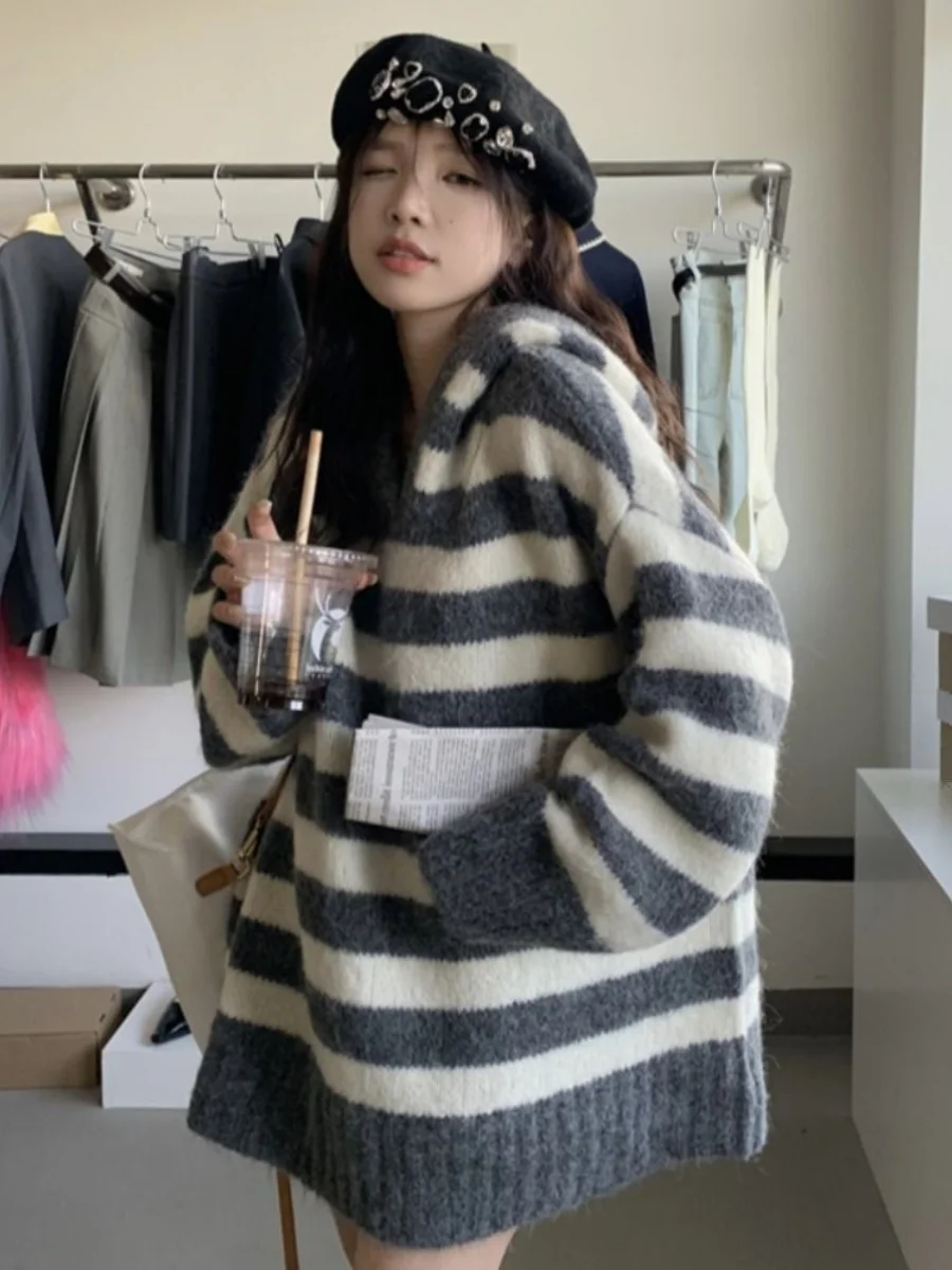 Plus size 50.00kg Stripe Contrast Color Hood Sweater Women Autumn and Winter Chubby Girl Idle Sle Loose Mid-Length Knitted...