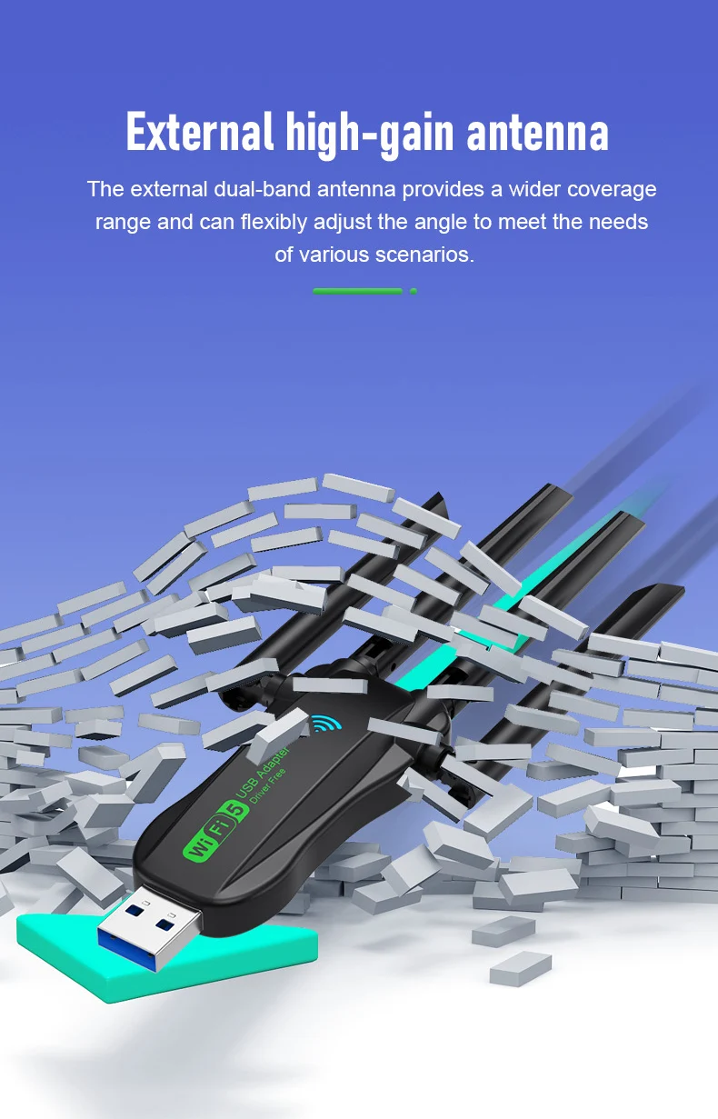 USB-адаптер Wi-Fi 1300 Мбит/с 2 4/5 ГГц 4 антенны 802.11AC