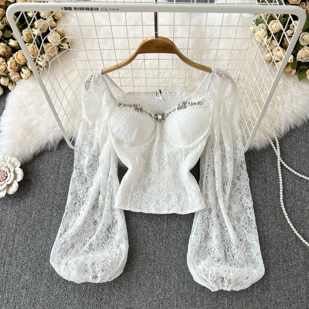 

French Chic Diamond Blouse Woman Korean Fashion Square Collar Puff Sleeve Blouses Patchwork Lace High Waist Top Dropshipping