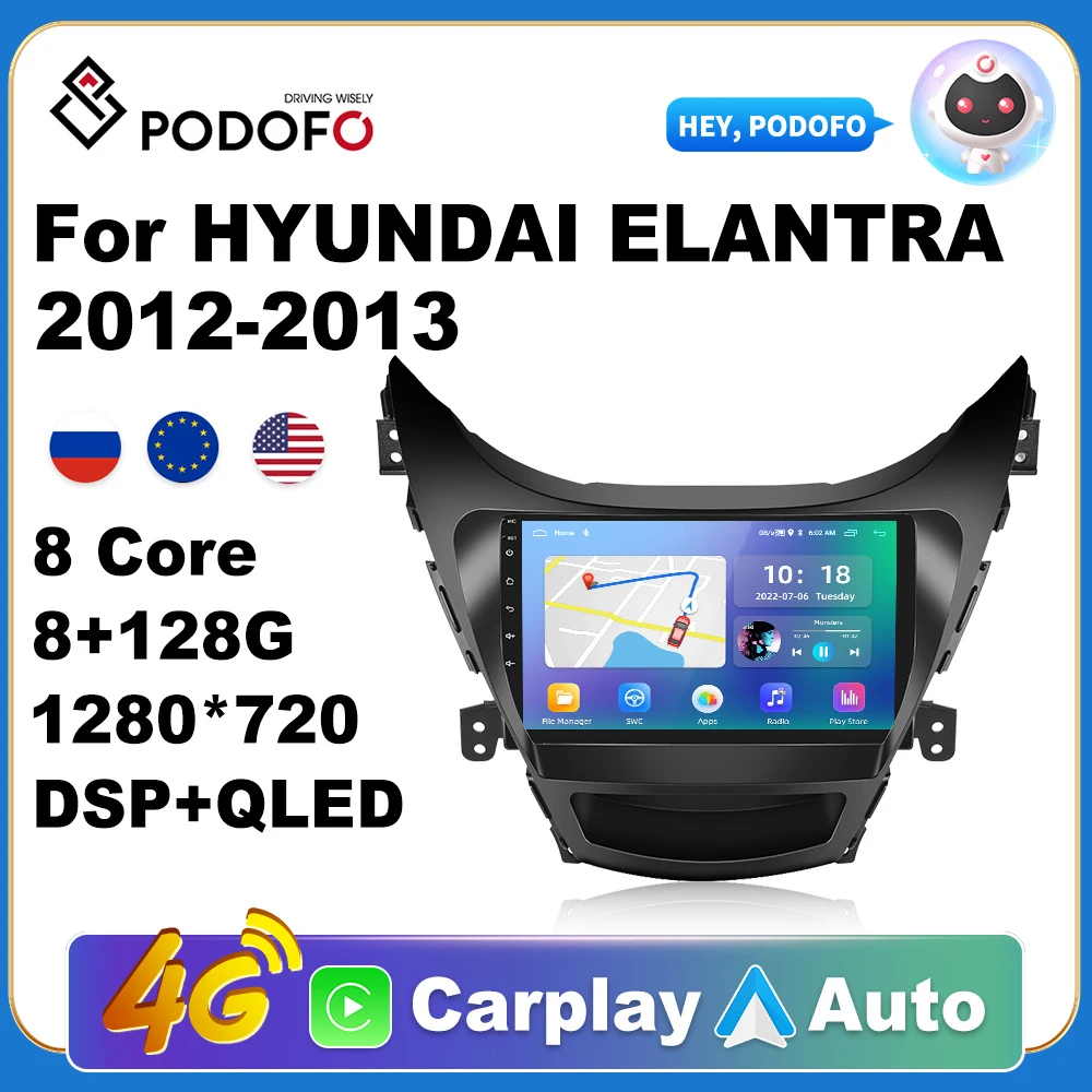 

Podofo автомобильный Android CarPlay Радио мультимедийный плеер для HYUNDAI ELANTRA 2012-2013 2 Din Авторадио Видео AI голосовой GPS Navi 4G WiFi