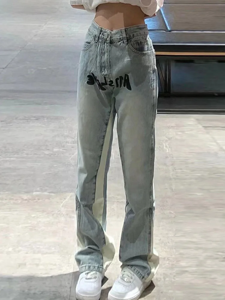 Женские джинсы с вышивкой и буквенным принтом широкие брюки высокой талией