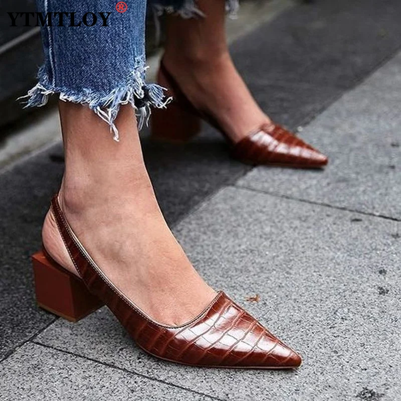 

Women's Pointed Toes Pumps Mid Chunky Slingback Sandals Summer New Vintage Lady Female Sandals Slippers Shoes High Heels