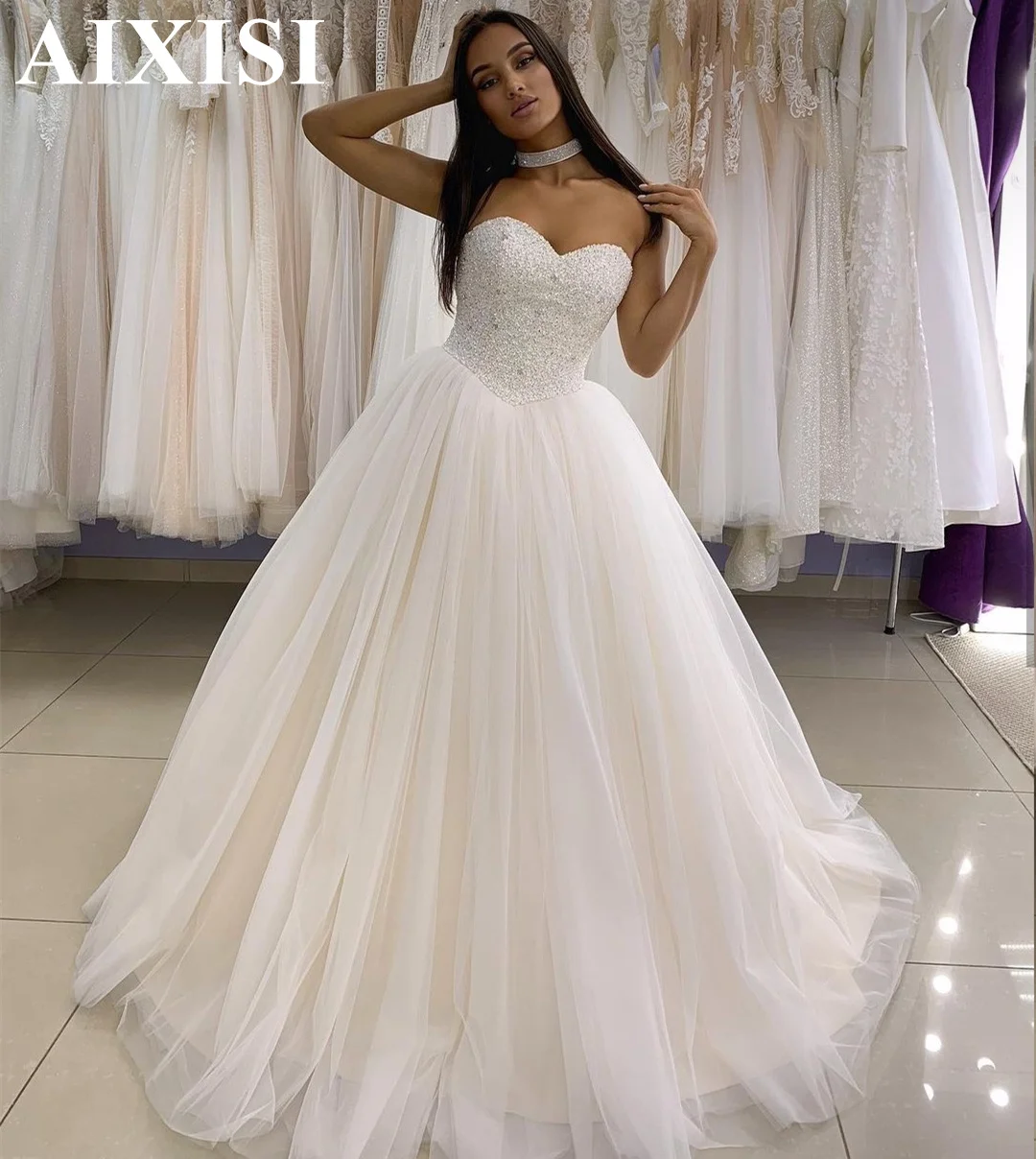 

AIXISI Wedding Dress Gorgeous Crystal Beading A-Line Tulle Sleeveless Sweetheart Princess Robe De Mariee Bridal Gowns Charming