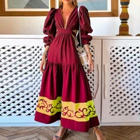 elegant summer dress women 2022 lantern sleeve patchwork color waist hollow dress high waist vintage maxi dress female clothing