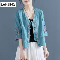 2021 retro embroidery disc button linen cotton shirt womens summer chinese zen tea clothes loose short v neck top