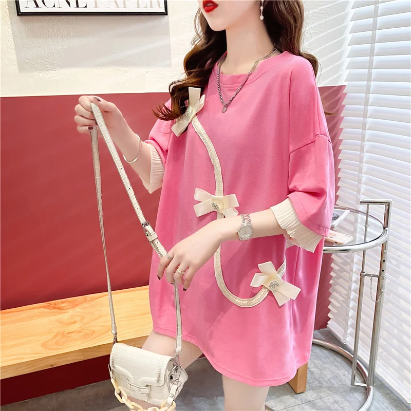 #0693 женская футболка в китайском стиле длинная свободная однотонная с круглым