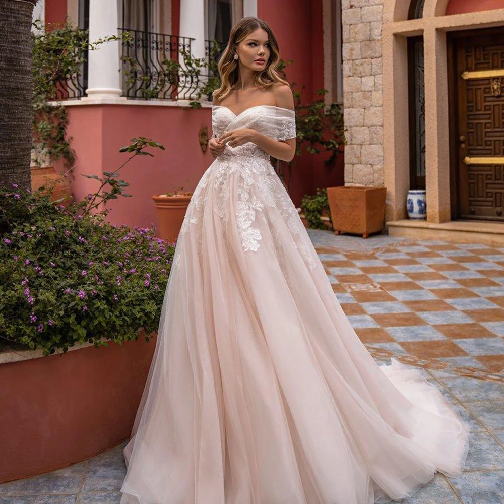 

Elegant Wedding Dress For Women V-Neck Short Sleeve Off The Shoulder Bride Gown Lace Applique Tulle Sweep Train Vestido De Noiva