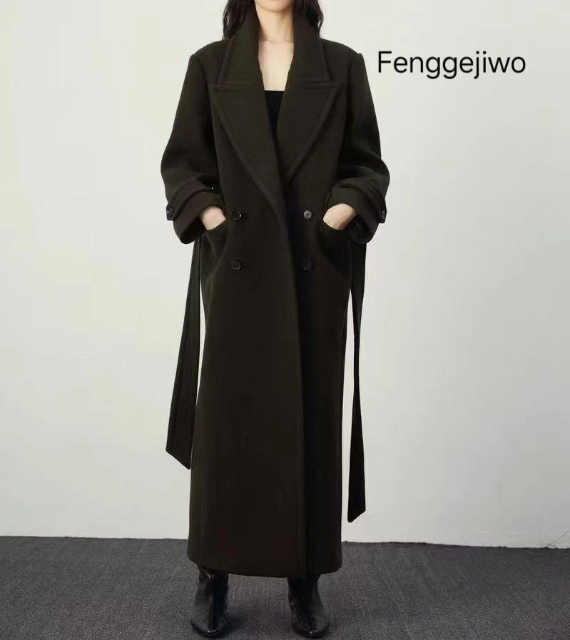 Fenggejiwo женское шерстяное пальто с воротником утолщенное и удлиненное