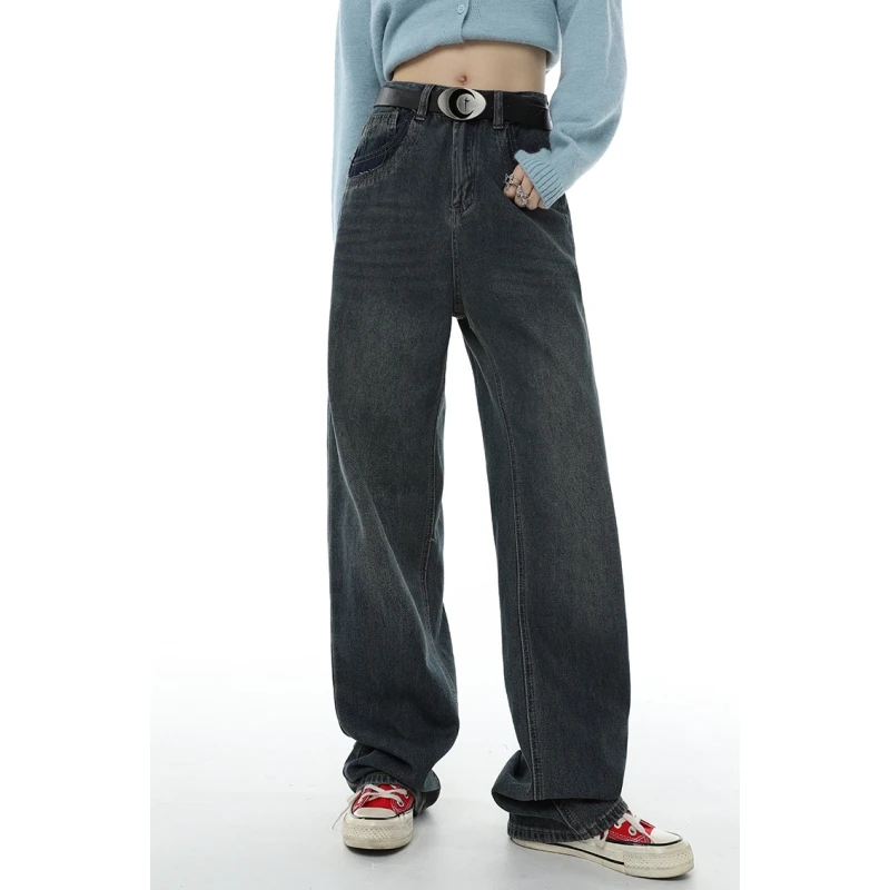 

Blue Women Jeans Color Contrast American Fashion Streetwear Style High Waist Wide Leg Jean Female Straight Baggy Denim Trouser