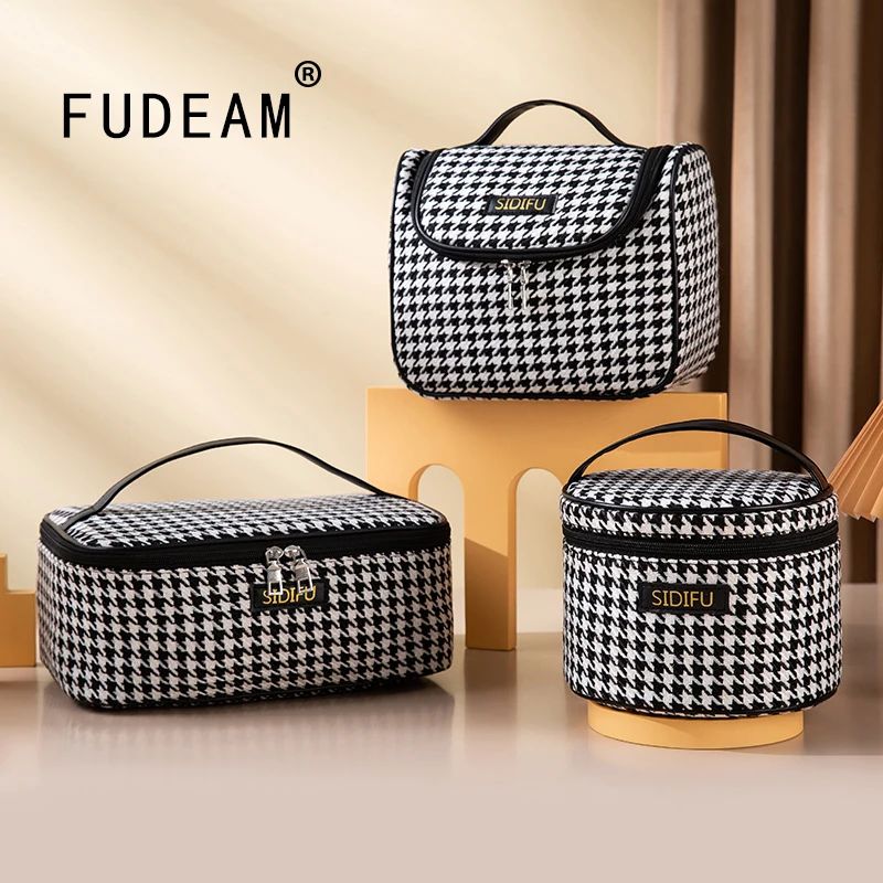 

FUDEAM Cotton Fabric Women Travel Storage Bag Toiletries Organize Houndstooth Cosmetic Bag Portable MakeUp Bag Female Handbag
