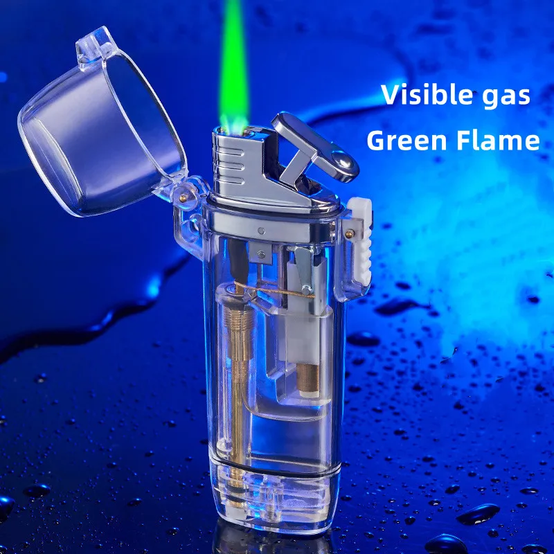 

Transparent Waterproof Green Flame Lighter Gas INS Gradual Change Chain Men's Birthday Gift Gas Lighter