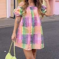 2022 summer lantern short sleeve color striped one line neck strapless loose casual dress ladies kawaii clothes bodycon dress