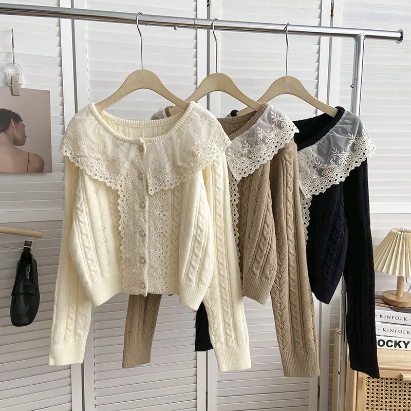 

Knitted Vintage Sweater Pure Color Buttons Peter-Pan Collar Sweaters Short Cardigan Female Casual Women Clothes Dropshipping