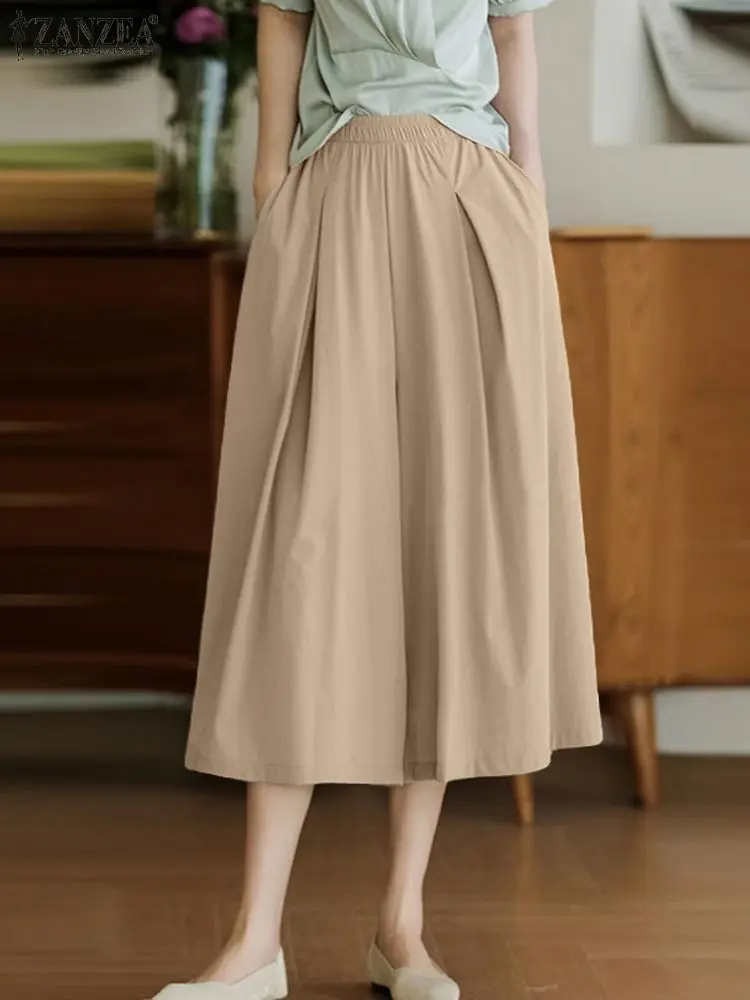 Брюки ZANZEA женские с эластичным поясом элегантные однотонные Широкие штаны