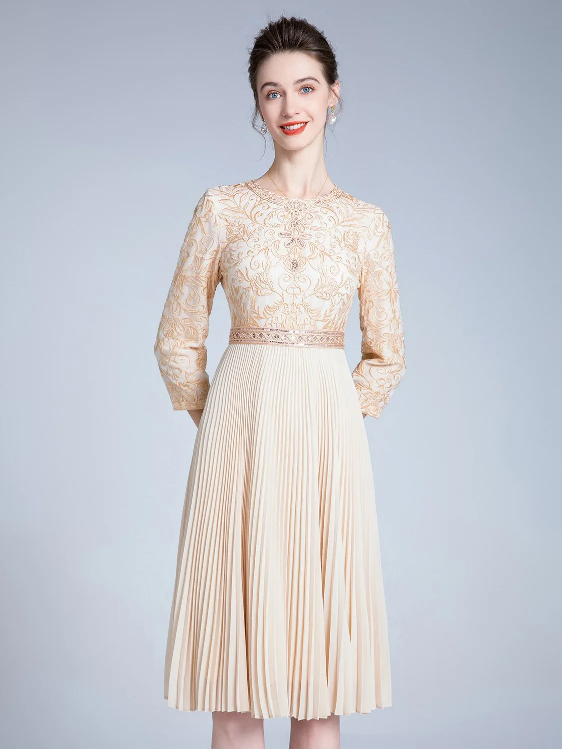 Женское винтажное платье миди AELESEEN бежевое плиссированное с цветочной вышивкой