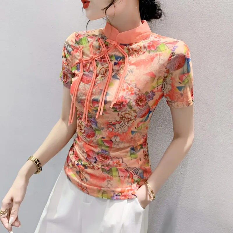 #5813 Винтажная футболка с коротким рукавом Женская Летняя асимметричная Сетчатая