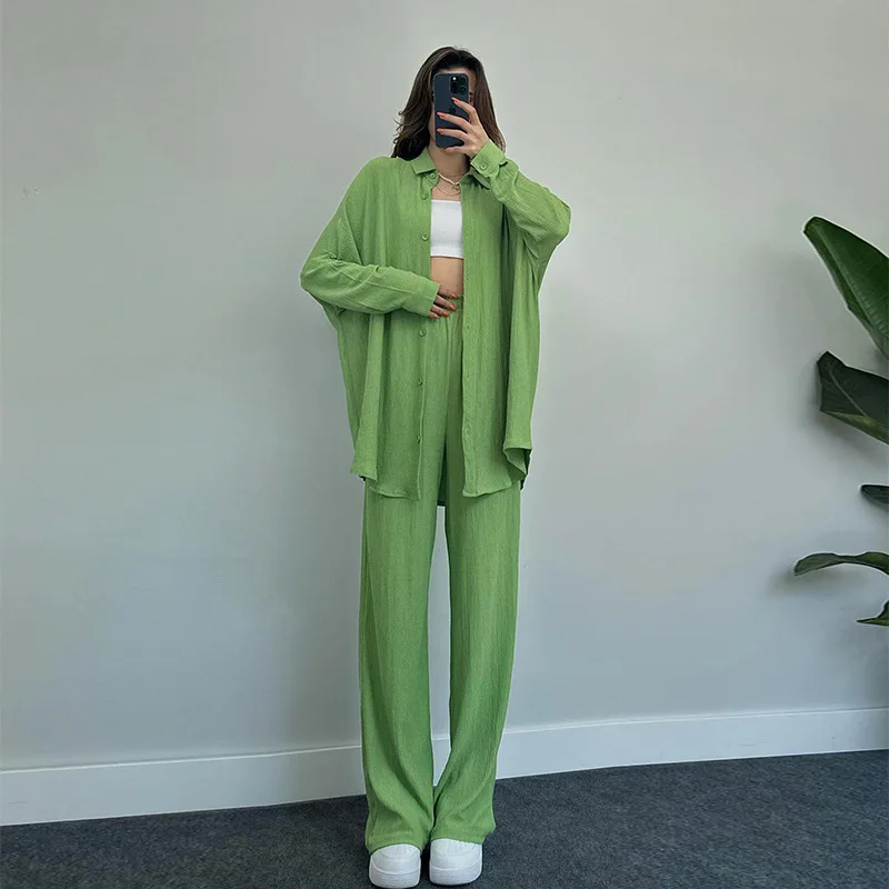 

Women's Clothing 2023 Summer New Solid Color Long-sleeved Shirt Jacket Wide-leg Trousers Casual Two-piece Suit