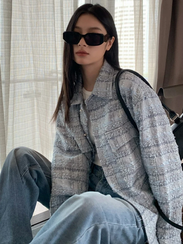 2024 весенняя винтажная твидовая куртка в клетку женская одежда однобортная