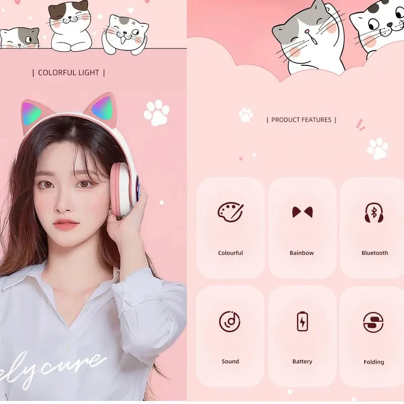 Кошачьи уши Fones de ouvido sem fio com controle microfone Светодиодная вспышка Capacete música estéreo Bluetooth fone