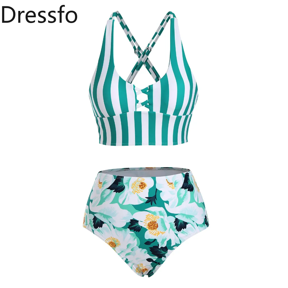 

Dressfo Striped Floral Print Lattice Crisscross Back Tankini Swimwear High Waist Beachwear Bathing Suit Swimmwer Set Women 2023