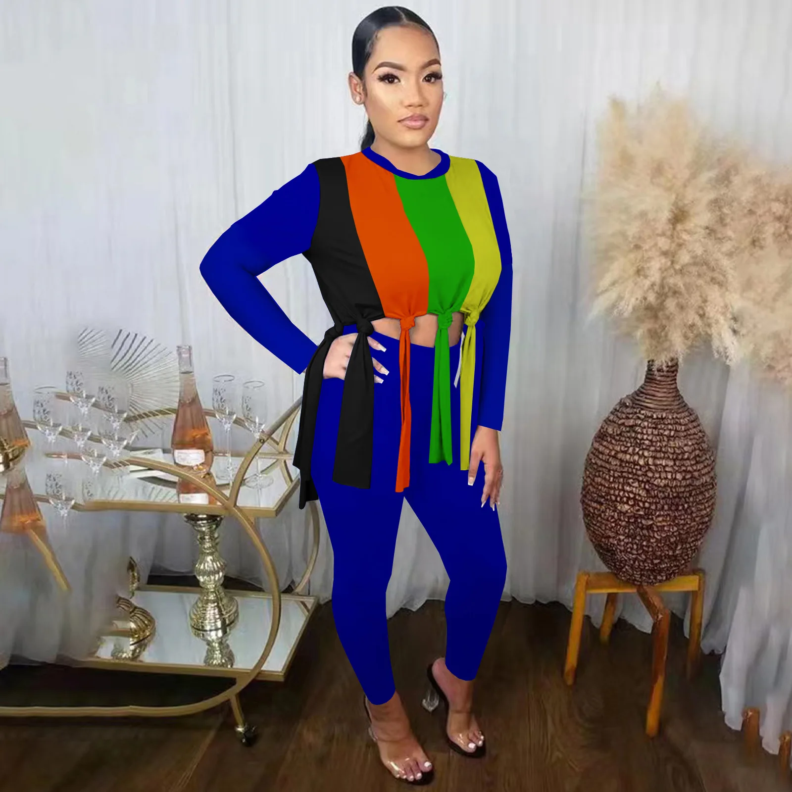 Casual Women Tracksuit Two Piece Set Color Patchwork Tassel Matching Set Streetwear Sportsuit Clothes For Women Outfit