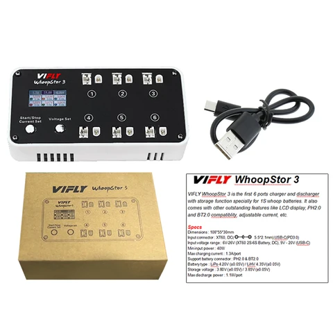 Новое зарядное устройство VIFLY WhoopStor для аккумуляторов 3 V3, 6 портов, 1S LIPO LiHV, разрядное зарядное устройство с ЖК-дисплеем, стандартное зарядное устройство постоянного тока TX60 для FPV дрона BT2.0 PH2.0