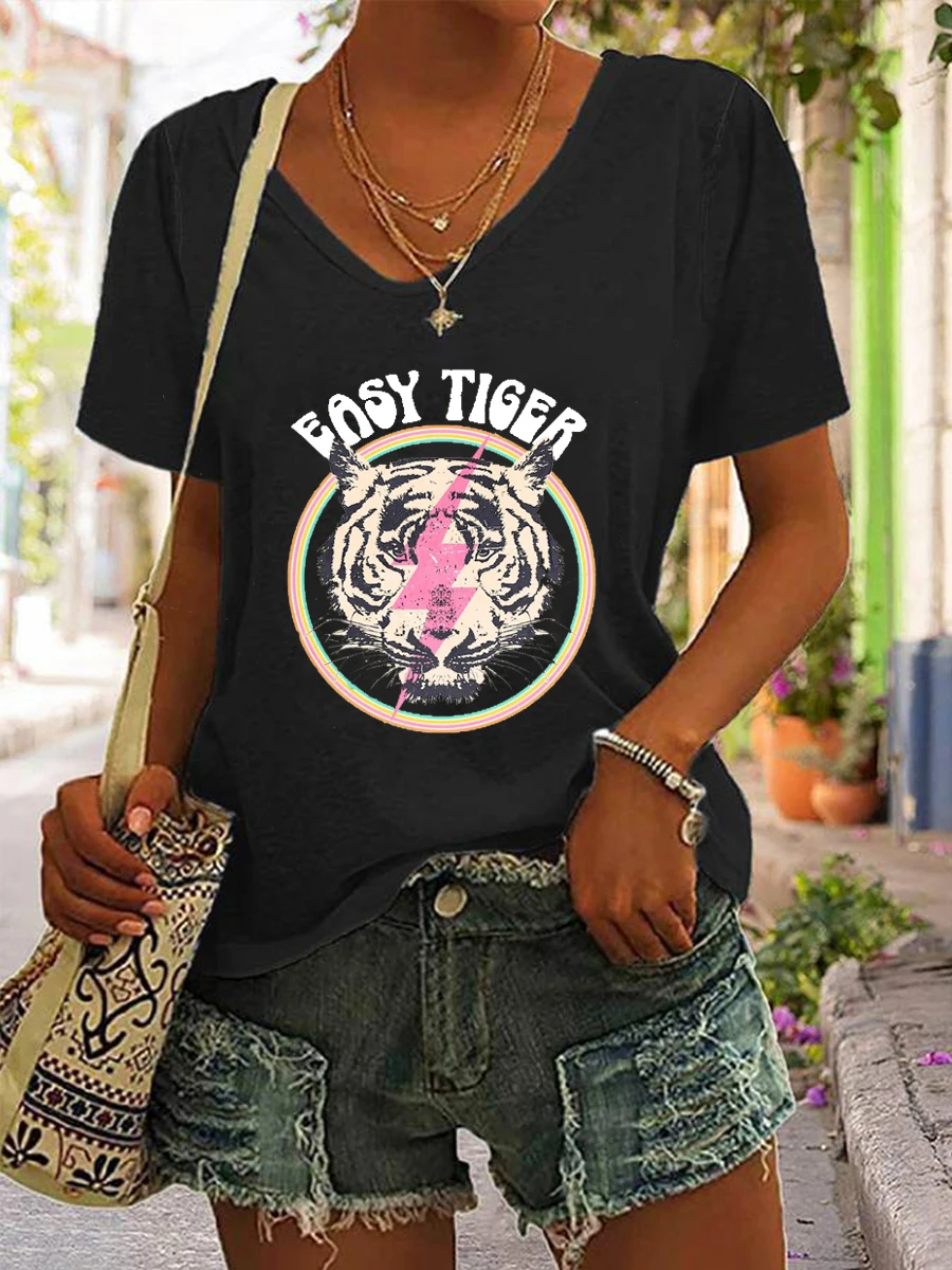 

Rheaclot Easy Tiger Lightning Women's Graphic Artwork Tops Casual Letter Print Basic Summer Cotton T-shirt