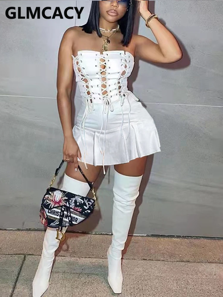 

Women Off Shoulder Lace Up Tube Dress Chic Mini Dress