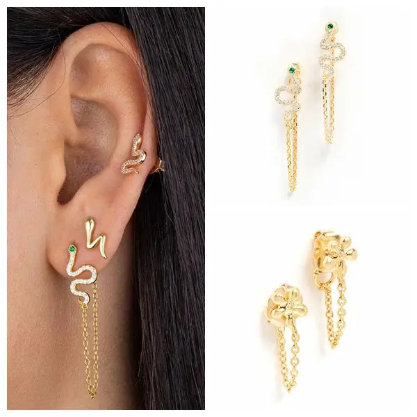 

925 Sterling Silver Needle Cute Animal Snake Shaped Chain Tassel Stud Earrings for Women Simple Chrysanthemum Earrings Jewelry
