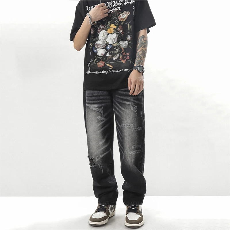 Men's Trend Hip Hop Street Retro Black Washed Jeans American High Street Stacked Pants Fashion Street Men Ins Hot Selling Denim